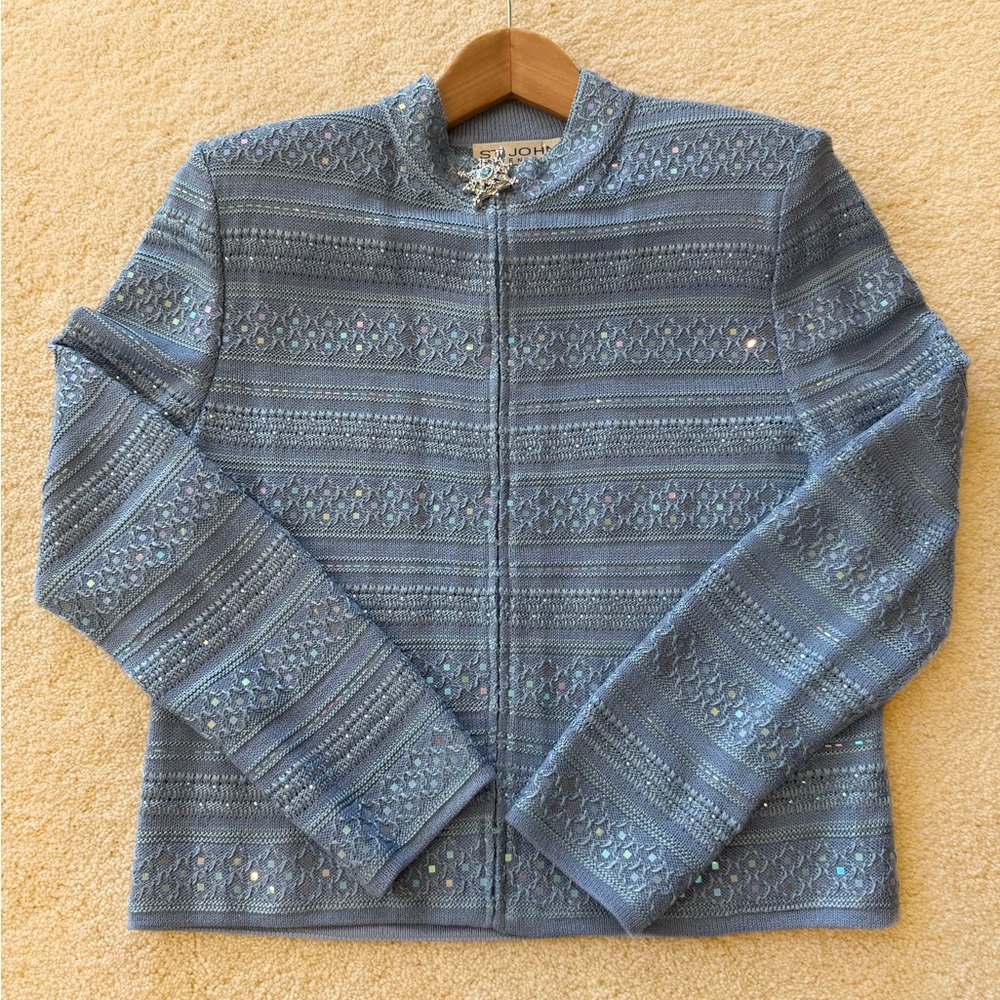 St. John Evening by Marie Gray Light Blue Sequin Knit Jacket Blazer (Size 10)